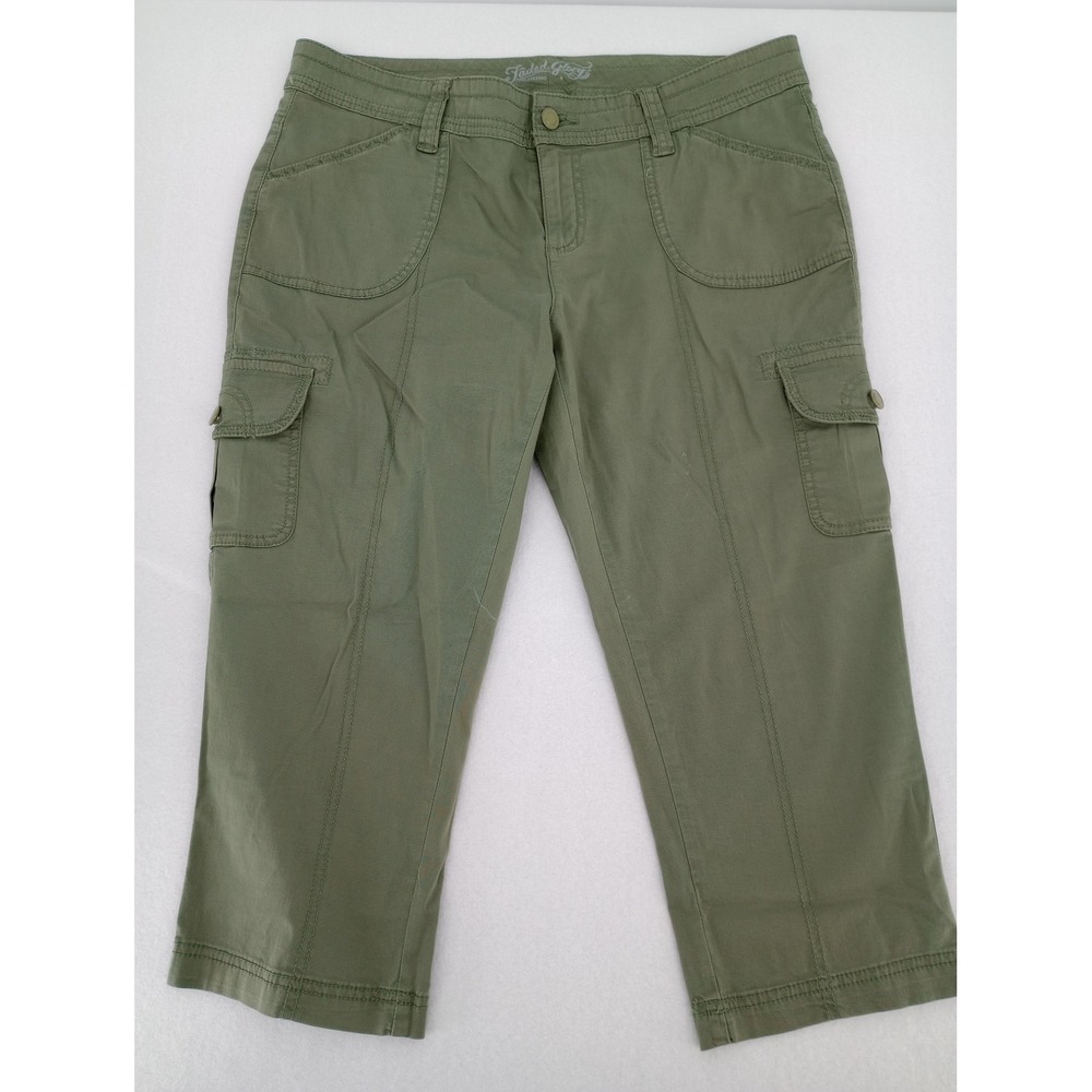 Faded Glory Cargo Capri Pants Women 8 Green Mid Rise Stretch Casual Utility
